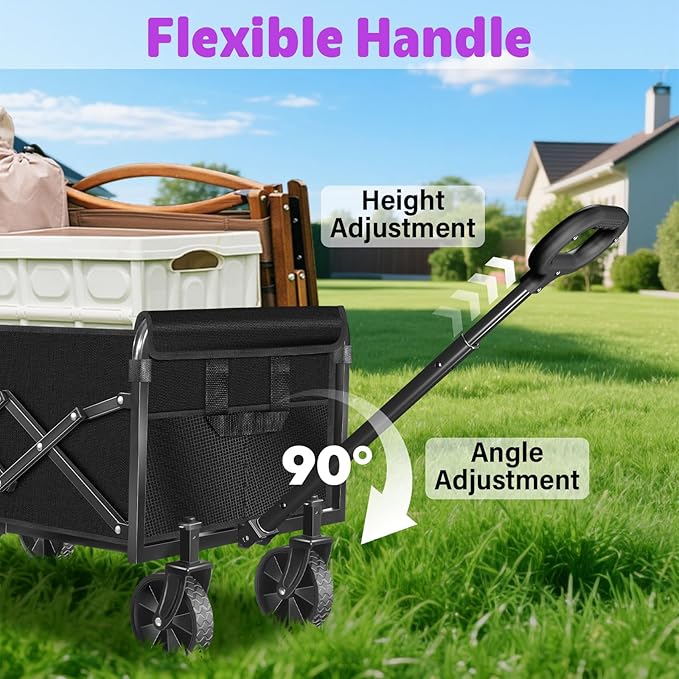 Wagons Carts Foldable,360 LBS Large Capacity Foldable Wagon Cart Collapsible Wagon with Wheels & Drink Holders,Utility Folding Cart for Camping Garden Beach Picinic Grocery Outdoor Shopping(Black)