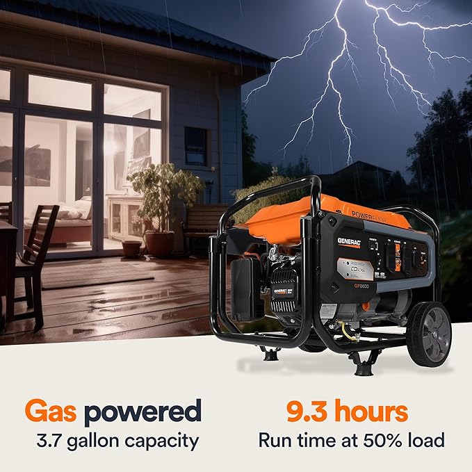 Generac 4,500 Starting Watt Portable Gas Generator - Electric Start - Home Backup or RV Ready - Heavy Duty Frame - Quiet, Long Runtime, Emergency Power- 49-State Compliant