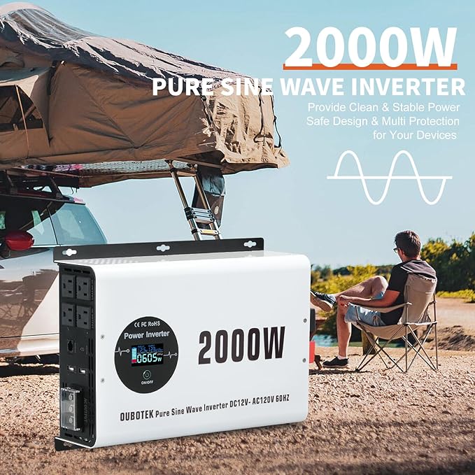 2000W Pure Sine Wave Power Inverter DC 12V to AC 120V Converter with LCD Display, Wireless Remote Control, 4 AC Outlets, 1 Hardwire Terminal, Dual USB Ports for RV Truck Boat Solar System