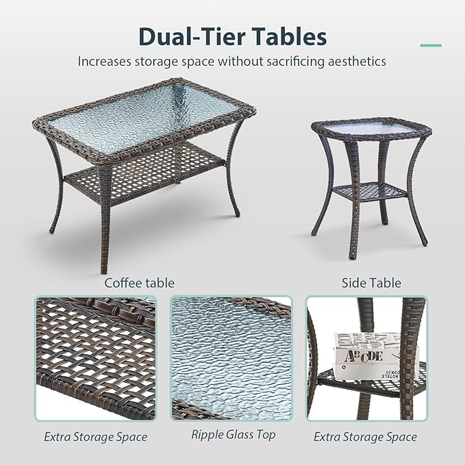 7 Piece Patio Furniture Set - Wicker Patio Conversation Set with Swivel Glider, Glider Loveseat, Tempered Glass Side Table and 2 Ottomans for Deck Backyard - Brown Wicker Grey Cushion