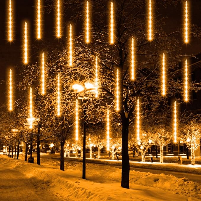 FUNPENY Meteor Shower Rain Lights, 288 LED Christmas Lights Icicle Snow Falling Outdoor Raindrop Light, Xmas Tree Holiday Christmas Halloween Decoration, Warm White