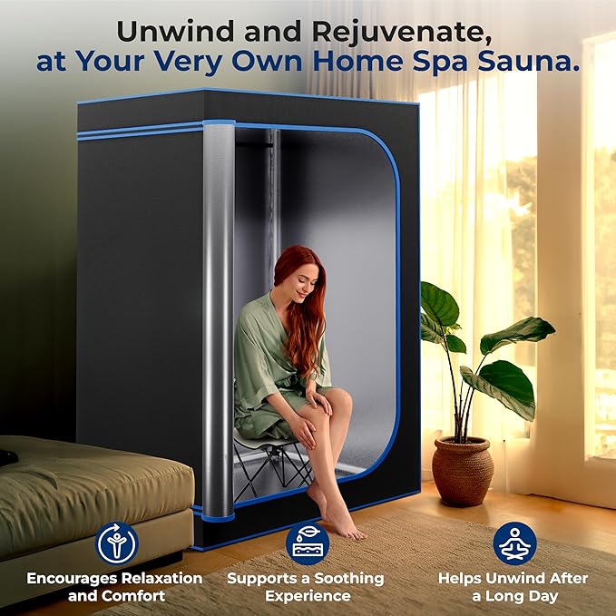 SereneLife Portable Sauna for Home, 2-Person Steam Sauna Tent with 4L Steamer, 2 Foldable Sauna Chairs, Remote Control for in-Home Spa Rejuvenation, 71"x47" (Black)