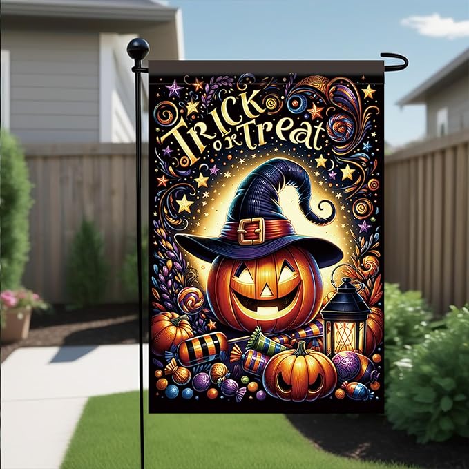 12 x 18 Inch Halloween Garden Flag Outdoor Pumpkin Witch Hat Trick or Treat Yard Decoration Double Sided Autumn Holiday Seasonal Banner for Lawn Patio Party Candy Lantern Fall Theme