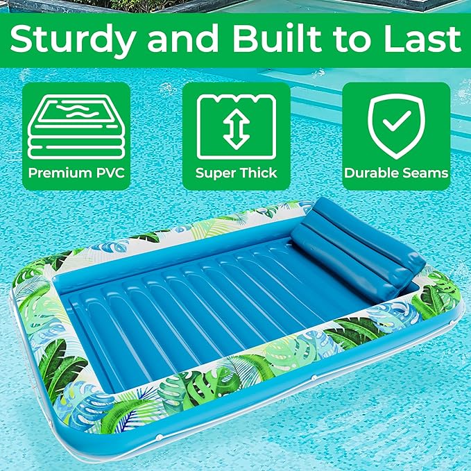 JAMBO XXL Inflatable Tanning Pool Lounger Float, 80 x 56 Sun Tanning Pool Float with Pillow Water Lounge Raft Pool Floatie for Adults Tanning Raft Pool Tub Water Tanning Bed Kiddie Pool Tanning Floats