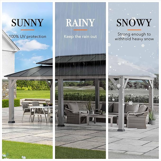 SUNJOY 12 x 20 ft. Wood Gazebo with 2-Tier Aluminum Roof, Outdoor Patio Cedar Framed Hardtop Gazebo with 2-Tier Roof, Suitable for Patios, Lawn and Backyard, Matte Black Roof + Gray Wood Frame