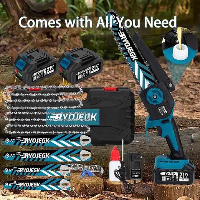 8-Inch & 6-Inch Brushless Mini Chainsaw Cordless with 2×4.0Ah Battery, 4 Guide Bars & Tool-Free Installation, Portable Handheld Chain Saw for Tree Trimming, Branch Cutting and Wood Pruning