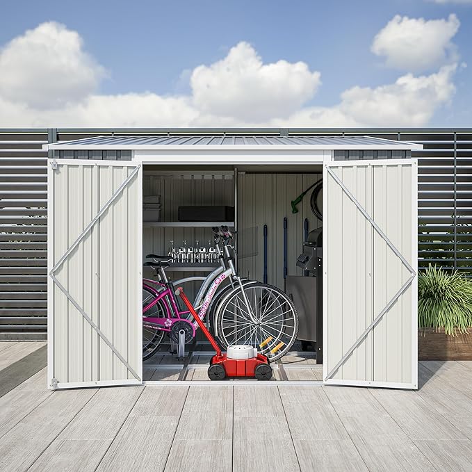 8x6 FT Outdoor Storage Shed W/Adjustable Lockable Double Side Doors,Metal Shed W/Floor Frame & 2 Air Vents,Garden Tool House W/Updated Frame Structure,for Backyard Patio Lawn,Gray