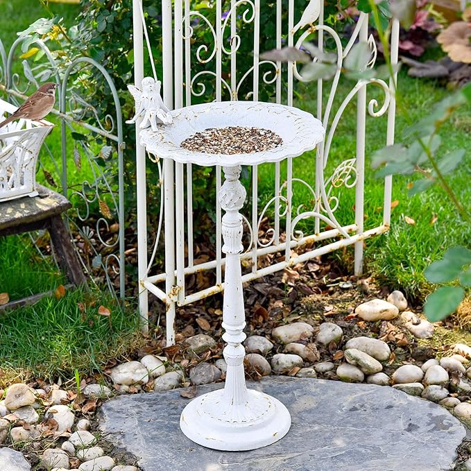 Sungmor Cast Iron Ornate Bird Bath for Garden, 21" Tall Vintage White Birdbath with Angel Statue Decor, Outdoor Standing Water Bowl, Decorative Pedestal Bird Feeder for Patio Deck Backyard