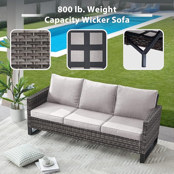 7 Piece Wicker Patio Furniture with Fire Pit Table - Outdoor Conversation Set with 50,000 BTU Fire Pit, All Weather Rattan Patio Set for Deck Backyard Garden - Grey Wicker Beige Cushion