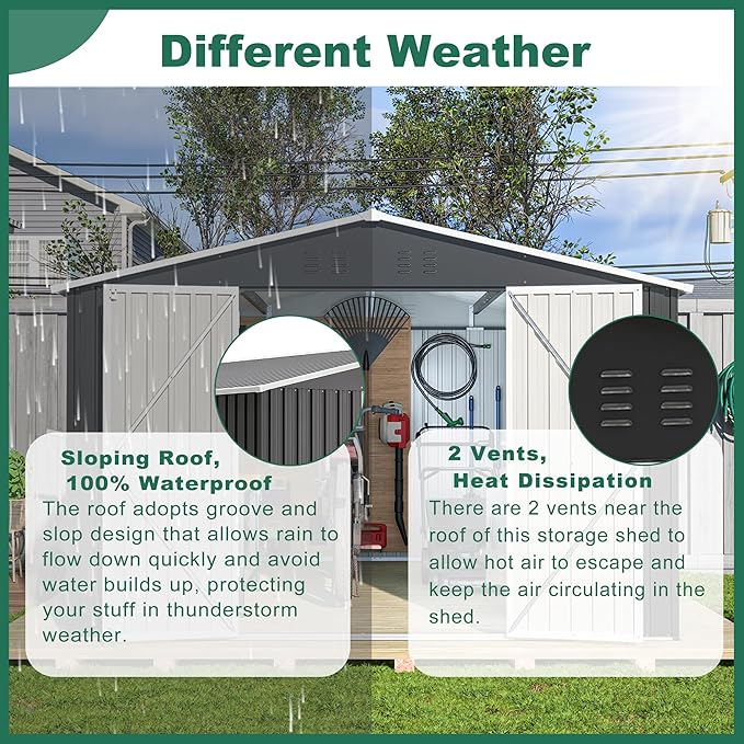 10x12 FT Outdoor Storage Shed, Large Metal Garden Shed with Lockable Hinged Doors, Outside Tool Shed with Sloped Roof & 4 Air Vents, Waterproof Storage Building for Backyard, Patio, Lawn, Black
