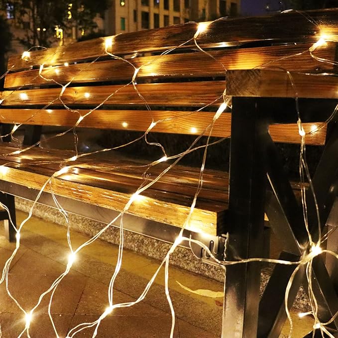 Solar Net Christmas Lights Warm White, 200 LED Net Lights Outdoor Mesh Lights, 19 Modes Solar Powered/USB String Lights for Garden, Yard, Bushes, Trunk, Halloween, Xmas Tree Decor