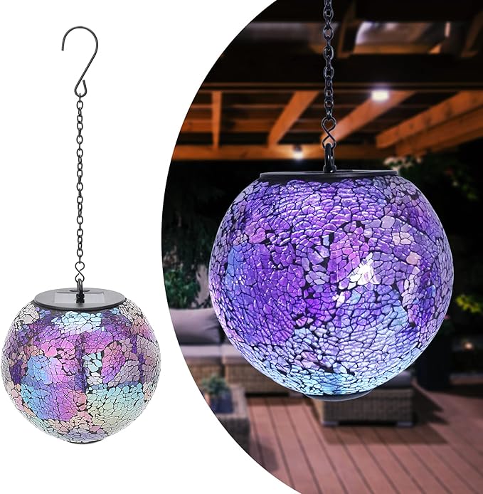 Solar Hanging Lantern Solar Outdoor Lanterns Mosaic Gazing Ball Outdoor Hanging Lights Outdoor Lights Waterproof Garden, Patio, Pathway & Yard Décor Purple