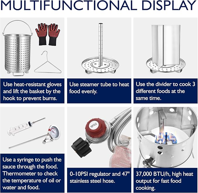 ARC 32QT Stainless Steel Turkey Fryer Kit With Burner, Seafood Boil Pot And Burner With Basket,Crawfish Boil Tamale Steamer Crab Boil Pot With Injector Thermometer, High Temperature Resistant Gloves