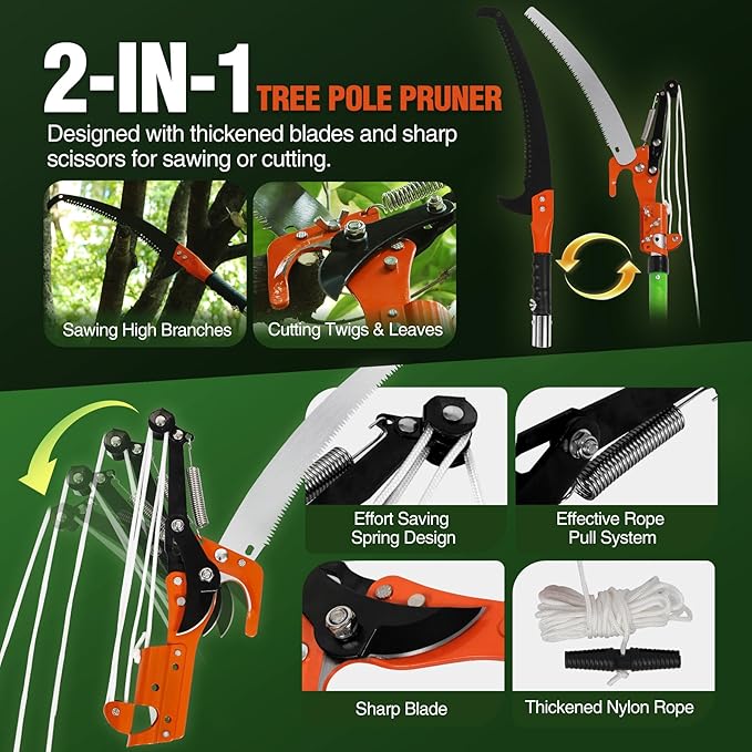 Lineslife Manual Pole Saw, 27ft Extendable Tree Pruner, Sharp Steel Blade and Scissors High Branches Trimming, Branch Trimmer for Pruning Palms and Shrubs