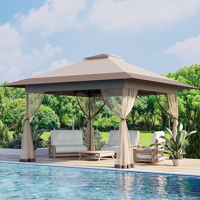 Bezseller 13x13 Pop Up Gazebo Tent with Mosquito Netting – Quick Set Up, Water-Resistant Outdoor Canopy for Patio, Garden, Backyard, and More,Khaki