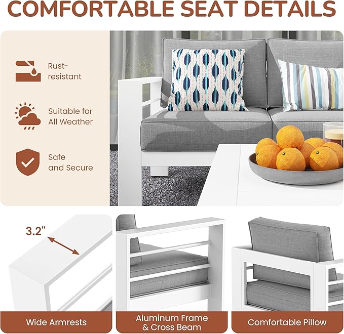 Solaste Aluminum Patio Furniture Set with Fire Pit Table, 4 Piece Metal Outdoor Furniture with Water-Resistant Cushions, Modern Patio Conversation Set for Balcony, Front Porch, and Backyard, White
