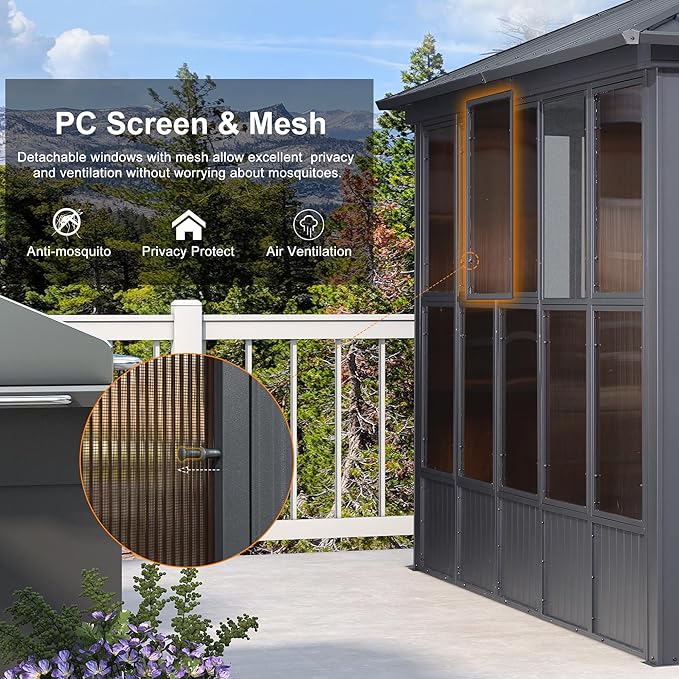 PURPLE LEAF 12' X 20' Solarium Sunroom Permanent Hardtop Gazebo Galvanized Steel Double Roof Aluminum Outdoor Enclosed Gazebo for Lawn Deck Backyard Grey