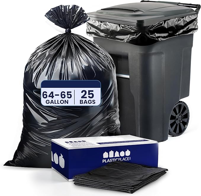 Plasticplace 64-65 Gallon Trash Can Liners for Toter │ 3.0 Mil │ Black Heavy Duty Garbage Bags │ 50” x 60” (25 Count),W65LDBTL3