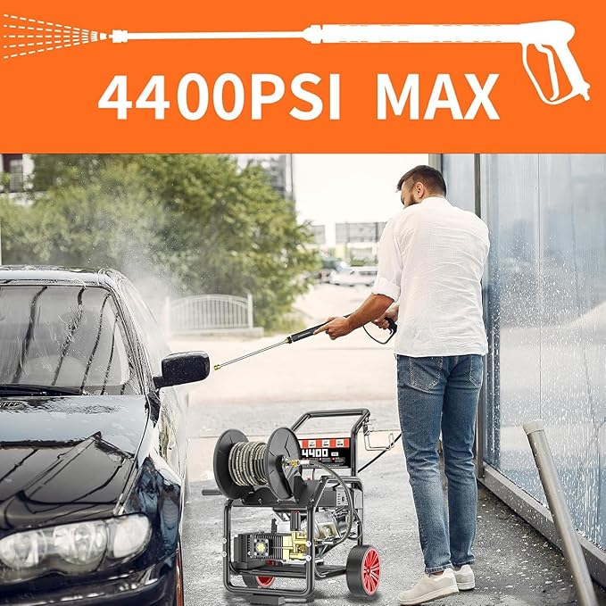 4400PSI Gas Pressure Washer with Hose Reel, One-Button Start 296cc 15HP 4-Cycle Engine, 4.0 GPM Heavy Duty Power Washer with 50FT 3/8" Hose, Spray Gun & Wand, 5 Quick Connect Nozzles