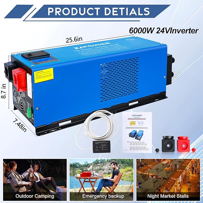 ZLPOWER 6000W 24V DC Pure Sine Wave Inverter, 18000W Peak, 120V/240V AC Split Phase Output with Battery Charger, LCD Display, Off-Grid Low Frequency Inverter for Home RV Camping (6000W)
