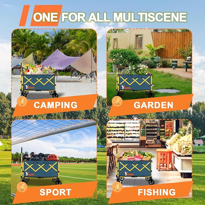 Collapsible Wagon Cart with Wheels Foldable, Folding Wagons Carts with All Terrain Wheels, Large Grocery Cart On Wheels, Heavy Duty Utility Wagon for Shopping Beach Sports Fishing Camping, 110L, Green
