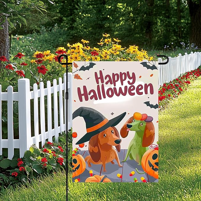 Halloween Dachshund Dog Garden Flag 12x18 Inch Funny Witch Hat Pumpkin Candy Outdoor Yard Banner Fall Porch Decoration for Spooky Holiday Season