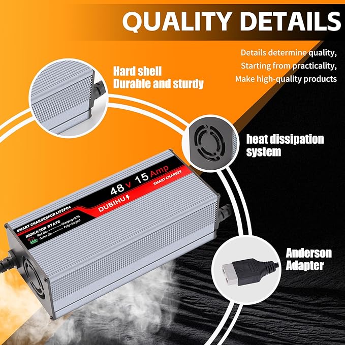 58.4V 15A LifePo4 Lithium Battery Charger for Golf Cart, RV, 48V Motor,Anderson Plug, Includes Anderson Plug to M8 Ring Terminal Cable and Anderson Plug to Alligator Clip Cable