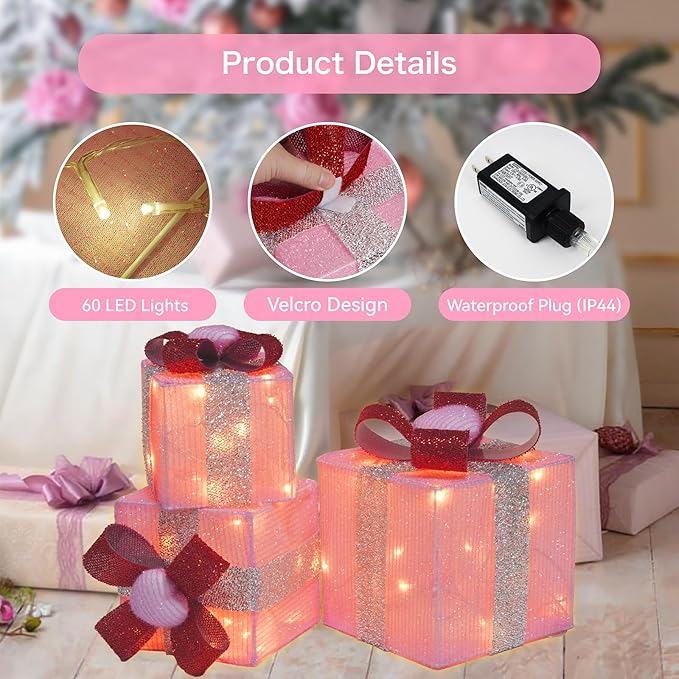Set of 3 Lighted Gift Boxes, Plug-in 60 LED Light Up Pink Present Boxes for Christmas Decorations Indoor Home Wedding Holiday Birthday Party Porch (Pink Heart)