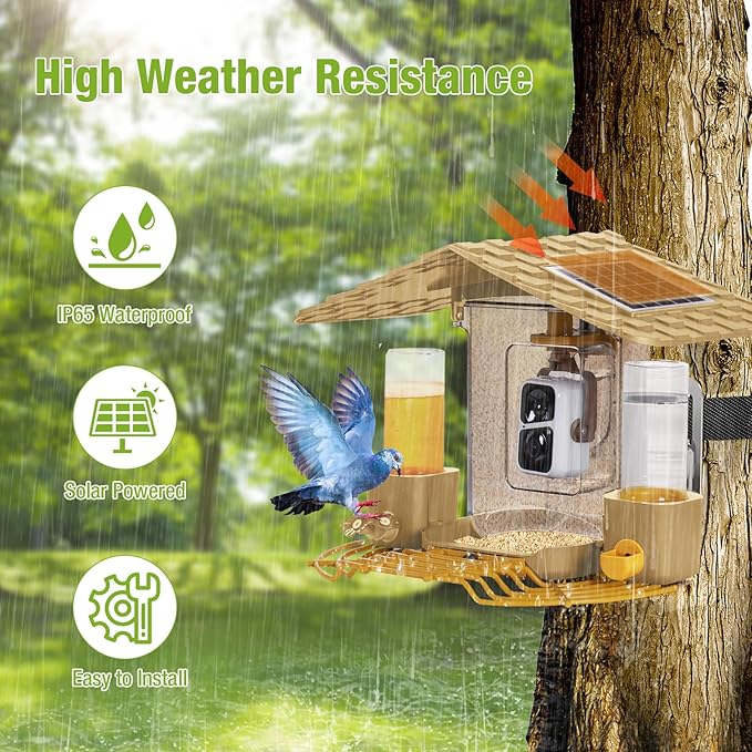 GUTINNEEN Smart Bird Feeder with Camera, High Resolution AI Camera for Wild Bird Identification, Hummingbird Feeder with Camera Solar Powered, Wireless Camera Gift for Bird Lover (Yellow), AIR106