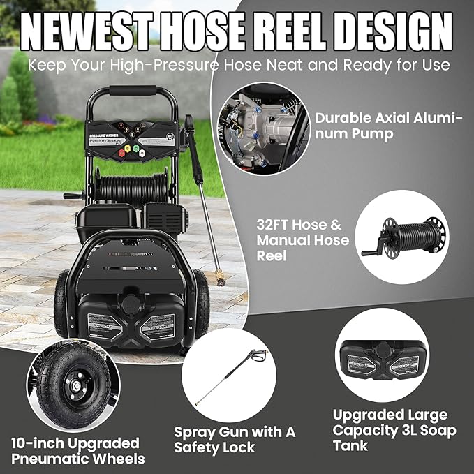 Professional 4200PSI 4GPM 212CC Gas Pressure Washer, 7.0 HP Commercial Gas Power Washer with 3L Foam Bottle 10" Wheels 5 Nozzles 33FT Hose for Home Car Fence Driveway (EPA/CARB/ETL Compliant) 77LBS