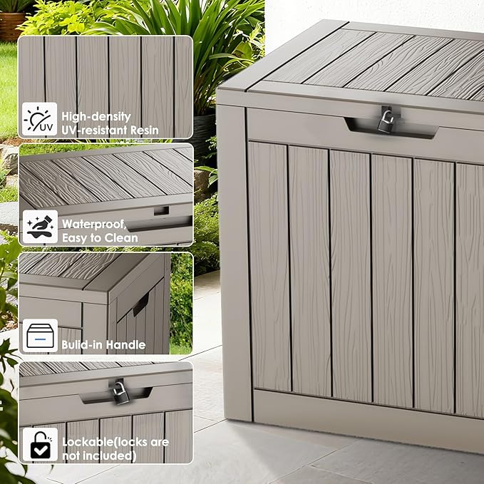 30-Gallon Outdoor Deck Box with Wood-Grain Finish, UV Resistant Waterproof Storage Container with Lock, Storage Box for Camping, Garden & Backyard, Multi-Functional Seat and Table, Light Brown