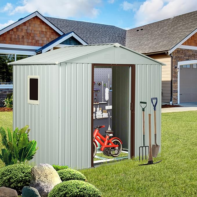 8 x 4 FT Outdoor Storage Shed, Metal Garden Shed with Floor Frame, Tool Shed Outdoor Storage with Lockable Sliding Doors & Window & Air Vents, Storage House Waterproof for Backyard, Lawn, White