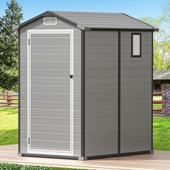 GVDV 4×6FT Outdoor Resin Plastic Storage Shed with Reinforced Floor, All-Weather Plastic Shed with Lockable Door, Window, Waterproof Tool Storage for Garden, Backyard, Patio