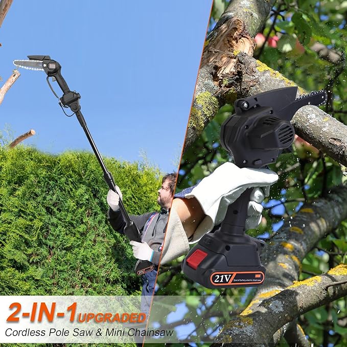2-in-1 Cordless Pole Saw & 6 Inch/4 Inch Mini Chainsaw, Electric Pole Saw for Tree Trimming with 2x 21V 3.0Ah Batteries & Charger, Battery Powered Pole Chainsaw for Wood Cutting,13FT Max Reach