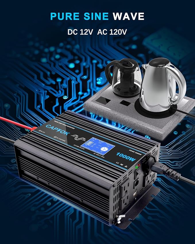 1000W Pure Sine Wave Inverter DC 12V AC 120V Double LCD Screen Remote Control Power Inverter 30W USB-C 4AC Outlets for RV, Home, Solar System CAPTOK