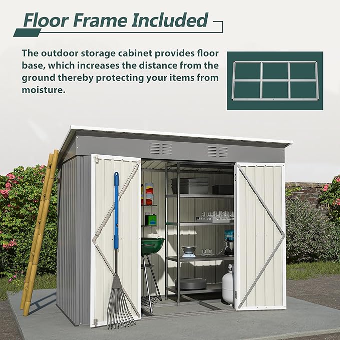 8x4 FT Outdoor Storage Metal Shed with Air Vents Sloping Roof Double Lockable Doors Waterproof Tool Galvanized Ideal for Backyard Patio Lawn Gray Shed Storage
