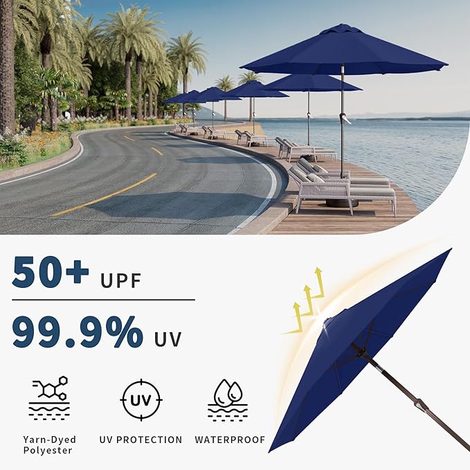 9FT Patio Umbrella with Fiberglass Ribs, Outdoor Market Table Umbrella with Crank and Tilt, UV Resistant Waterproof Canopy for Patio, Garden, Deck, Pool, Navy Blue