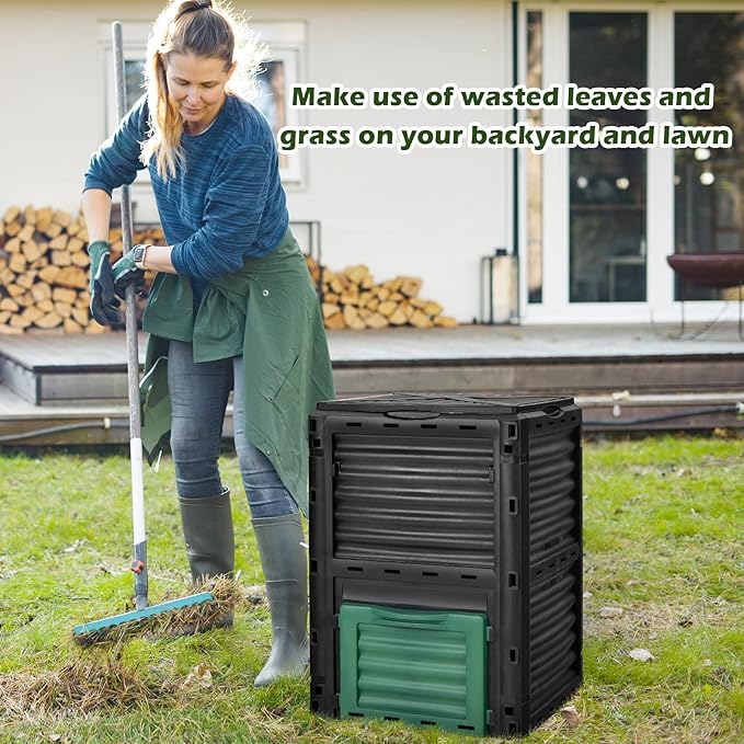 Happygrill Outdoor Compost Bin, Composting Box w/Top Flip Latch-on Lid,80 Gallons Composter for Kitchen Waste & Garden Scraps, Compost Barrel for Fast Creation of Fertile Soil (Black+Green)