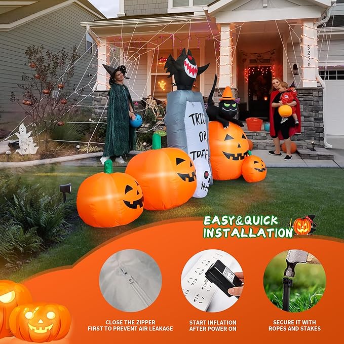 7FT Long Halloween Inflatable Pumpkin Patch with Tombstone & Black Cat & Bat, Blow up Halloween Inflatable with Build-in LED Lights Outdoor Decorations Large Party Yard Decoration