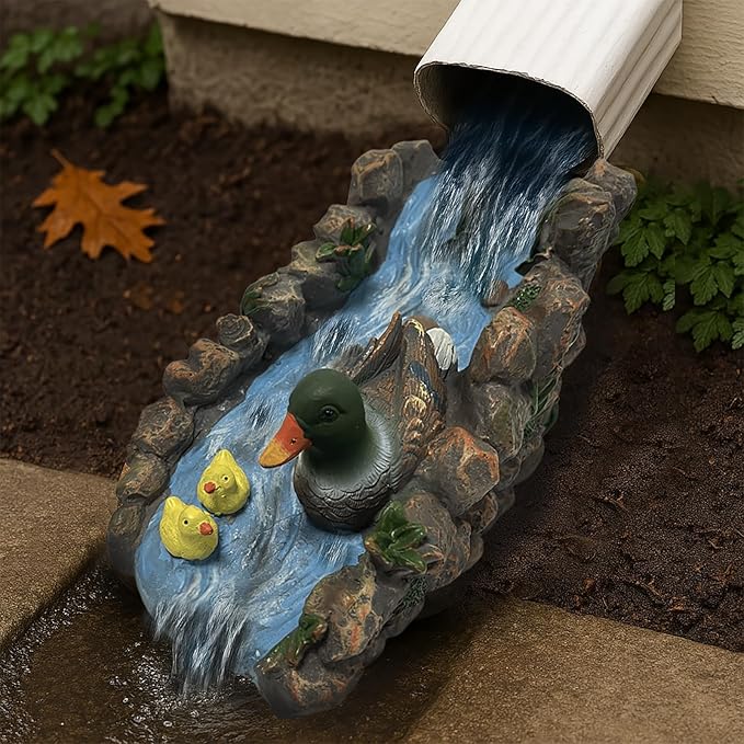 Ducks Splash Block - Decorative Resin Gutter Downspout Diverter, 13.3” x 6.3” x 5.9”, Durable Water Flow Protector for Yard, Garden & Patio, Functional Outdoor Ducks Statue for Rainwater Drainage