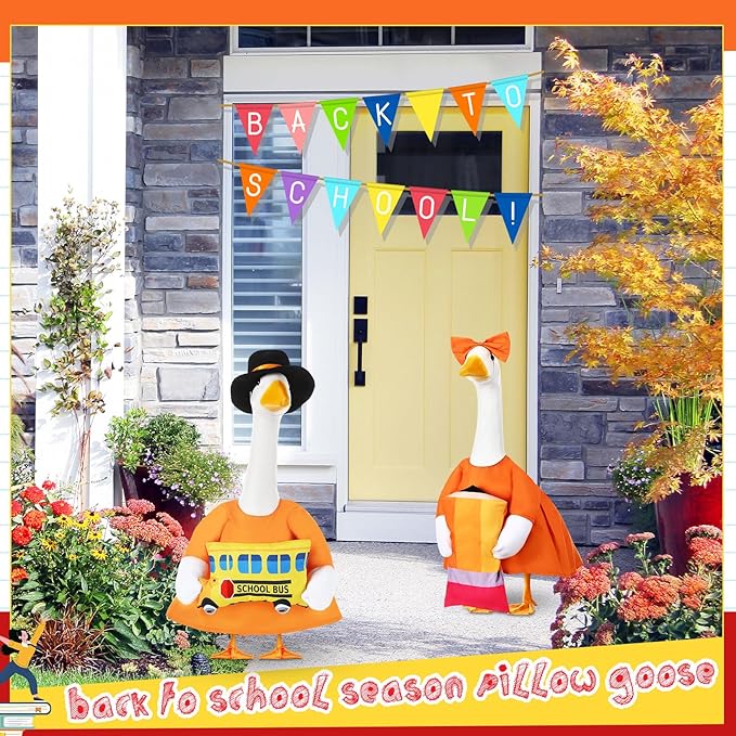2 Set Halloween Porch Goose Outfit Set for 23'' Plastic Garden Statue Lawn Porch Goose Clothes Costume Accessories for School Outdoor Home Patio Yard Decor(Pencil and Bus)