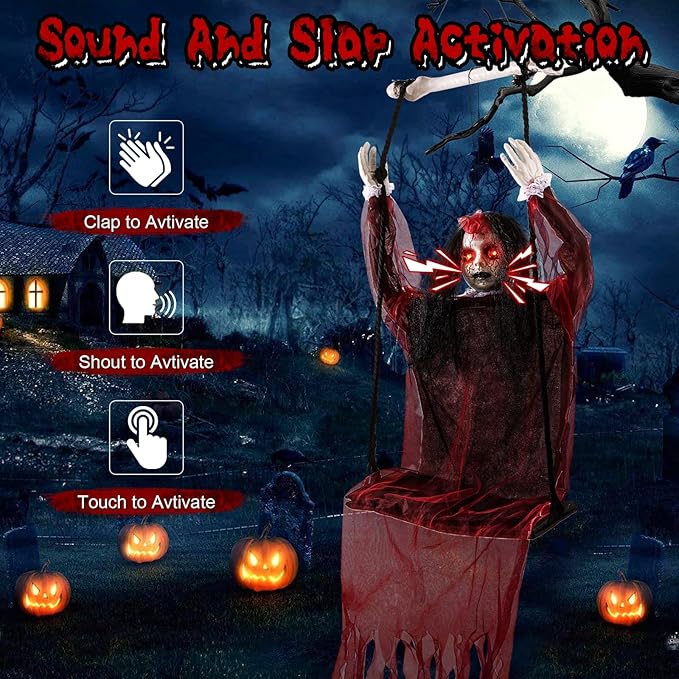 Halloween Decorations Outdoor, Scary Hanging Swinging Girl Props Sound & Slap Activated with Creepy Sound Expressions Light Up Eyes, Halloween Outside Ghosts for Haunted House Yard Lawn Decor