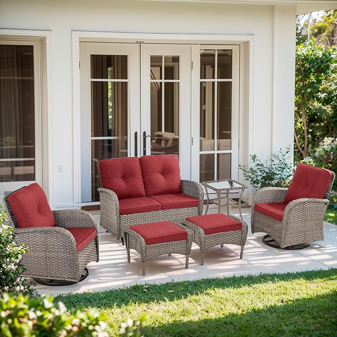6 Piece Patio Furniture Set - Wicker Patio Conversation Set with Swivel Glider, Glider Loveseat, Tempered Glass Side Table and 2 Ottomans for Deck Backyard - Grey Wicker Red Cushion