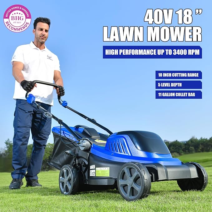 WILD BADGER POWER Lawn Mower 40V Brushless 18" Cordless, 5 Cutting Height Adjustments Electric Lawn Mower, Quickly Folding Within 5’s, 4.0AH Battery and Super Charger Included.