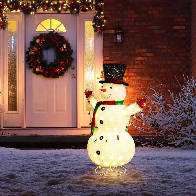 Glitzhome 47.25" H Lighted Christmas Snowman, 3D Foldable Fabric Outdoor Decor with Colorful Bulbs Holiday Lawn Ornament Yard Decoration Outdoor and Indoor use Long-Lasting, 160 Warm White LED