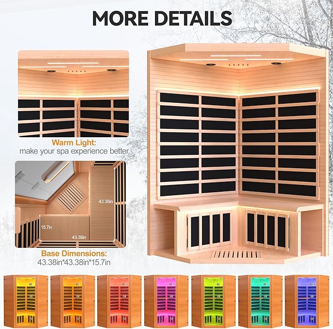 HUGROVE 2-3 Person Low EMF FAR Infrared Sauna for Home, Indoor Canadian Hemlock Dry Heat Sauna Kit with Bluetooth Speakers, LED Lights & Smart Control Panel