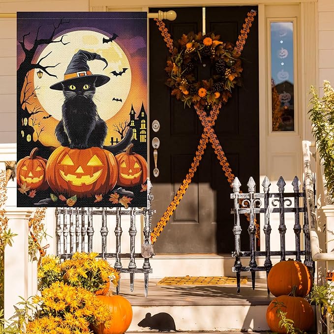 Louise Maelys Halloween Garden Flag Black Cat Witch Hat Pumpkin 28x40 Inch Double Sided Boo Moon Holiday Seasonal Fall Autumn Large Burlap Yard Sign Outside Outdoor House Decoration