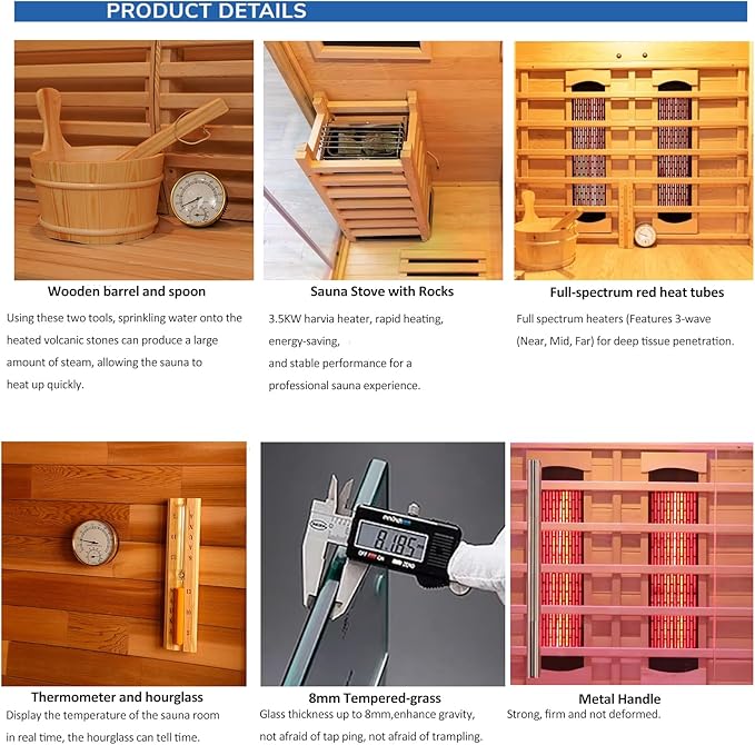 Luxury Dual-System Wood Sauna Room for 3-4 Person, Hybrid Indoor Sauna Spa,Canadian Hemlock, 4.5KW Heater, 195°F Steam+149°F Far Infrared, 10 Heating Elements, 220V, Oxygen Ionizer, 8mm Tempered-grass