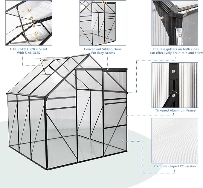 6x6 FT Polycarbonate Greenhouse with Sliding Door and Adjustable Roof, Heavy Duty Aluminum Walk-in Greenhouses w/ Raised Base for Outdoor Garden Backyard,Black