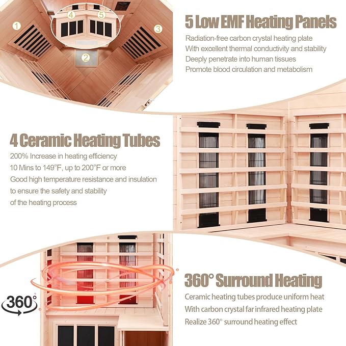 Ceramic Infrared Sauna, 2-3 Person Home Sauna, Canadian Hemlock Indoor Corner Sauna Spa, Wooden Sauna Room, 5 Low EMF Heaters + 4 Ceramic Tubes, Bluetooth Speakers, Chromotherapy Lights